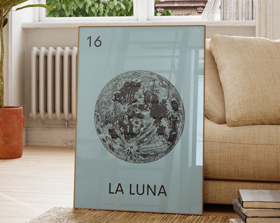 La Luna 16 Loteria Style Engraved Moon Light Blue Vintage Poster - Image 2