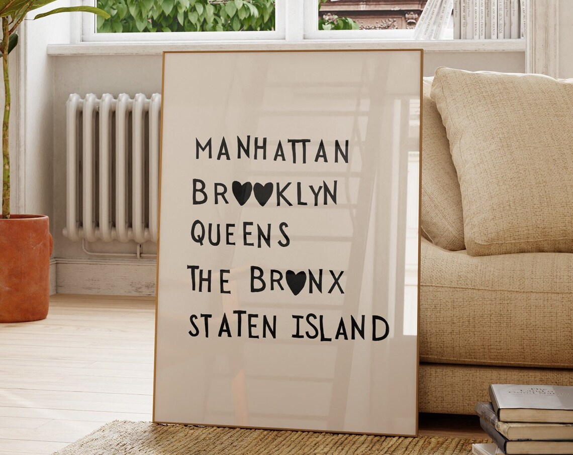 New York City Five Boroughs Black Heart Typography Decor Poster