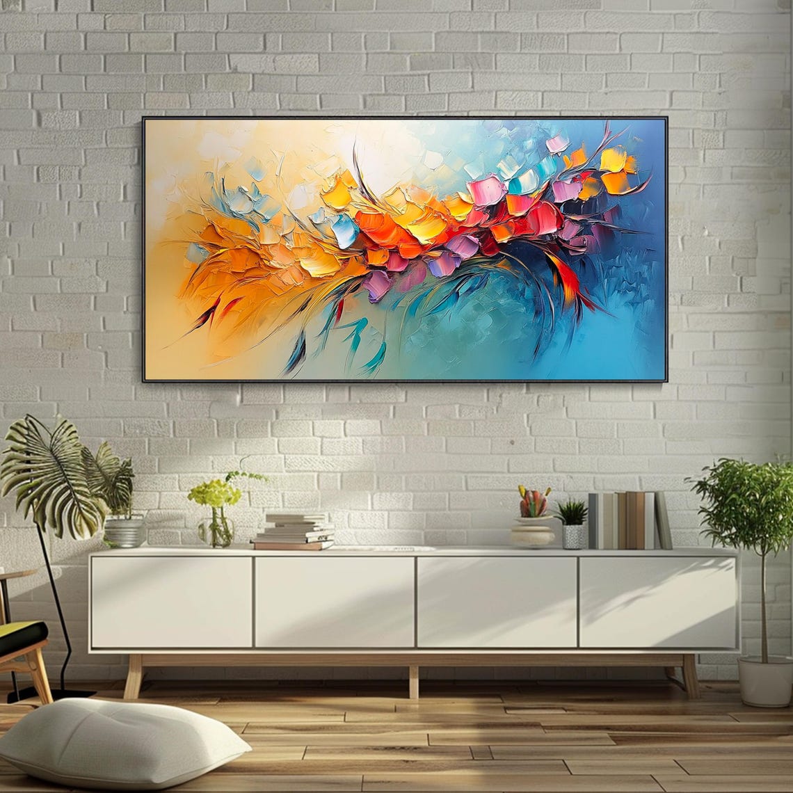 Abstract Orange and Blue Floral 3D Textured Impasto Art Poster - Image 5