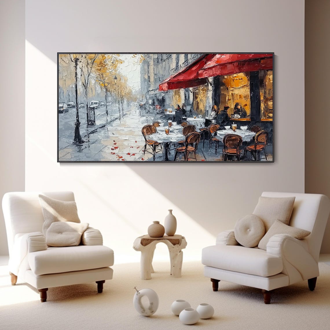 Romantic Café Terrace on Rainy Street 3D Textured Vintage Art Poster - Image 2