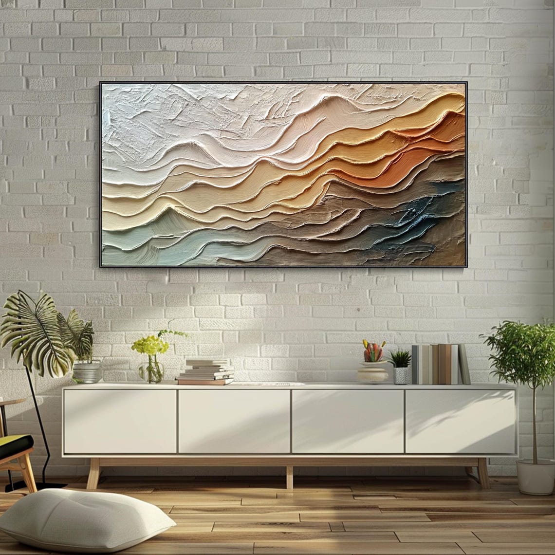 Rust Beige Blue Layered Waves Abstract Texture Oil Painting Poster - Image 3