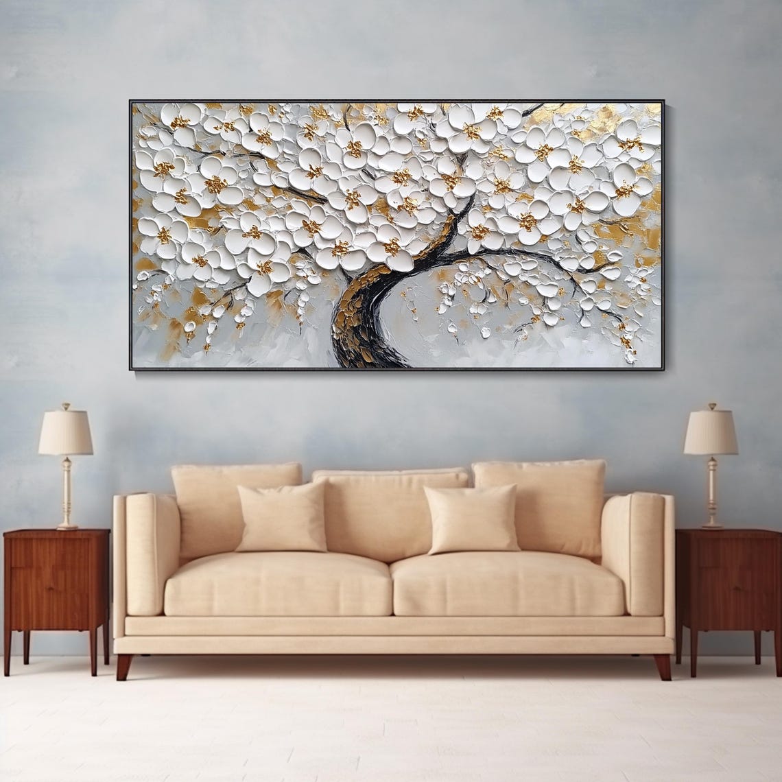 White Blossom Tree Gold Accents Black Trunk Floral Oil Poster - Image 2