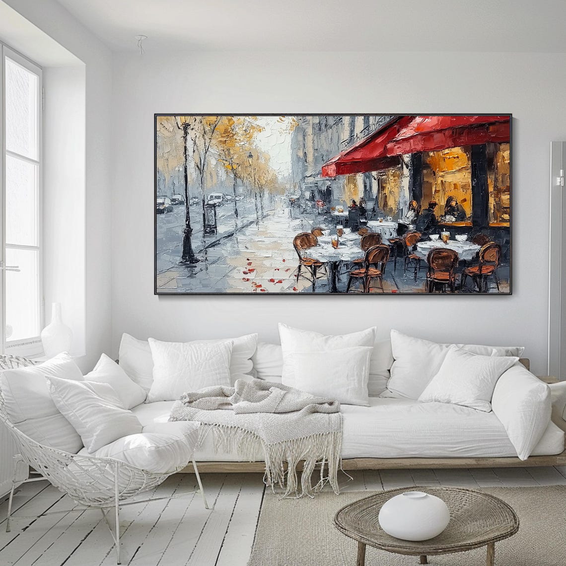 Romantic Café Terrace on Rainy Street 3D Textured Vintage Art Poster