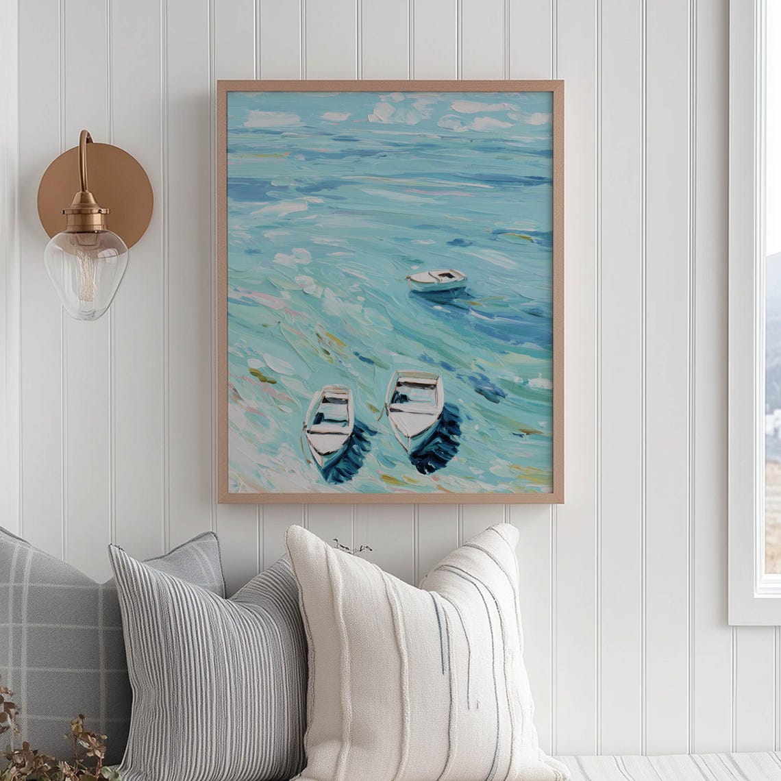 Three Boats Turquoise Water Aerial View Coastal Painting Poster
