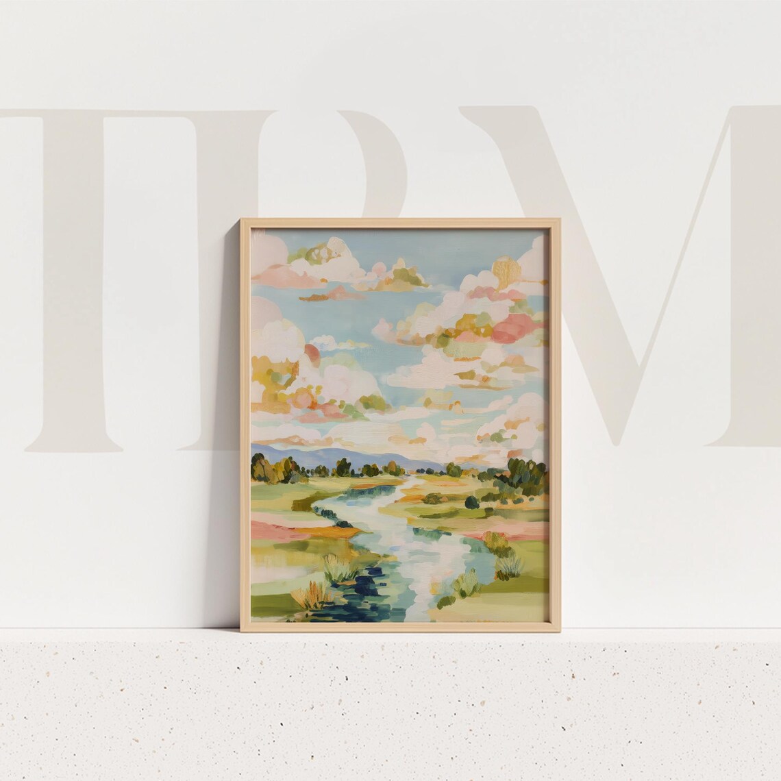 Pastel River Meadow Art Print, Dreamy Spring Landscape