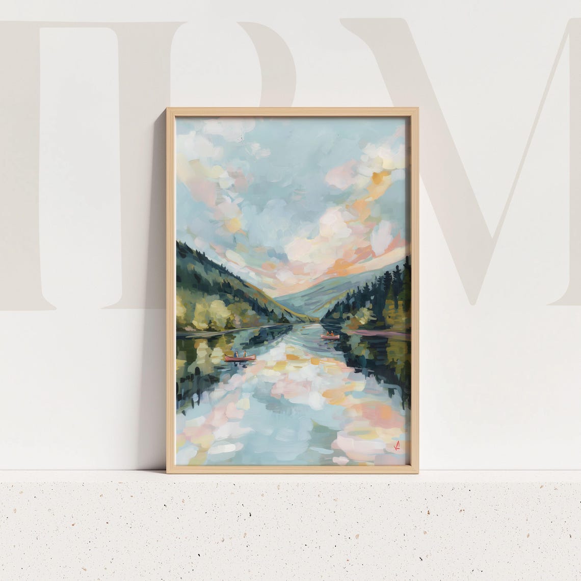 Canoe Lake Mountain Wall Art Print Pastel Sunset Landscape Painting Textured Forest Artwork Water Scene Home Decor