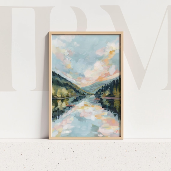 Pastel Canoe Lake Sunset Mountains Painterly Landscape Wall Art
