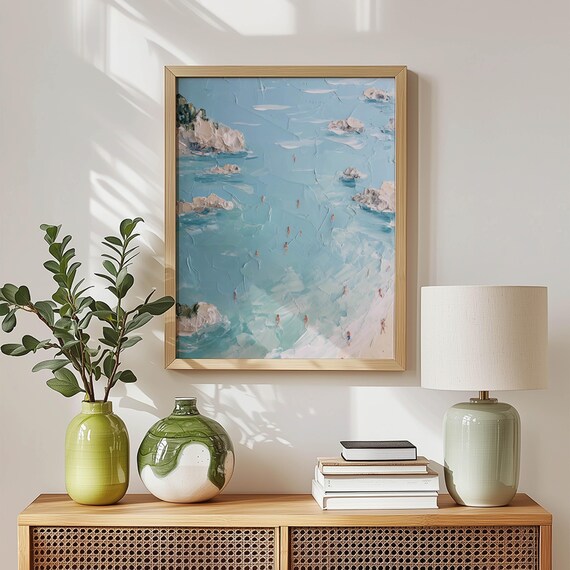 Turquoise Cove From Above With Swimmers Textured Coastal Aerial Poster