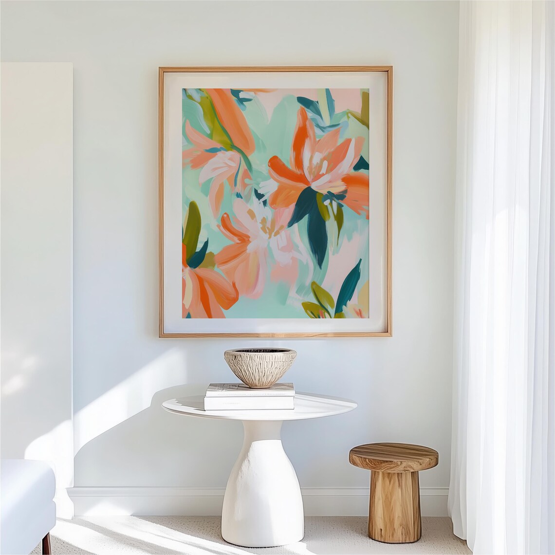 Colorful Abstract Orange Lilies on Aqua Modern Floral Poster - Image 2