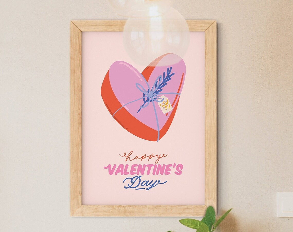 Happy Valentine's Day Pink Heart Gift Wrap Ribbon Illustration Poster