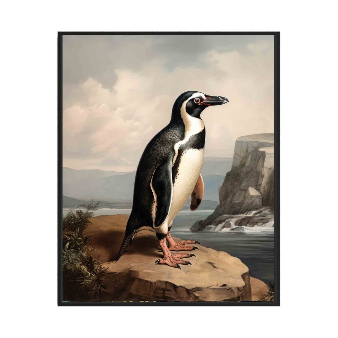 Penguin on Rocky Coastline Striking Vintage Seabird Art Poster