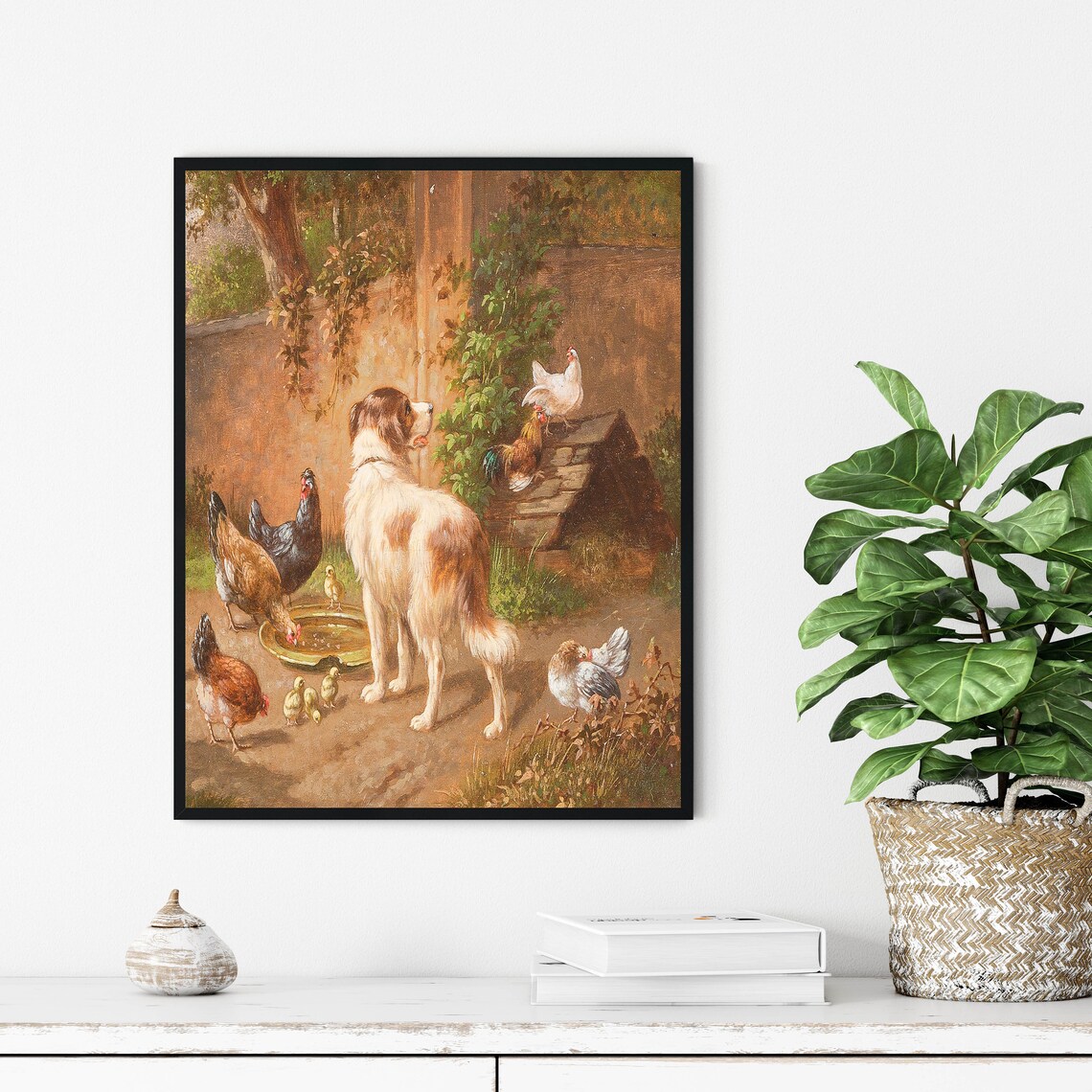 Gentle Dog Watching Over Chickens In A Rustic Farmyard Poster - Image 2