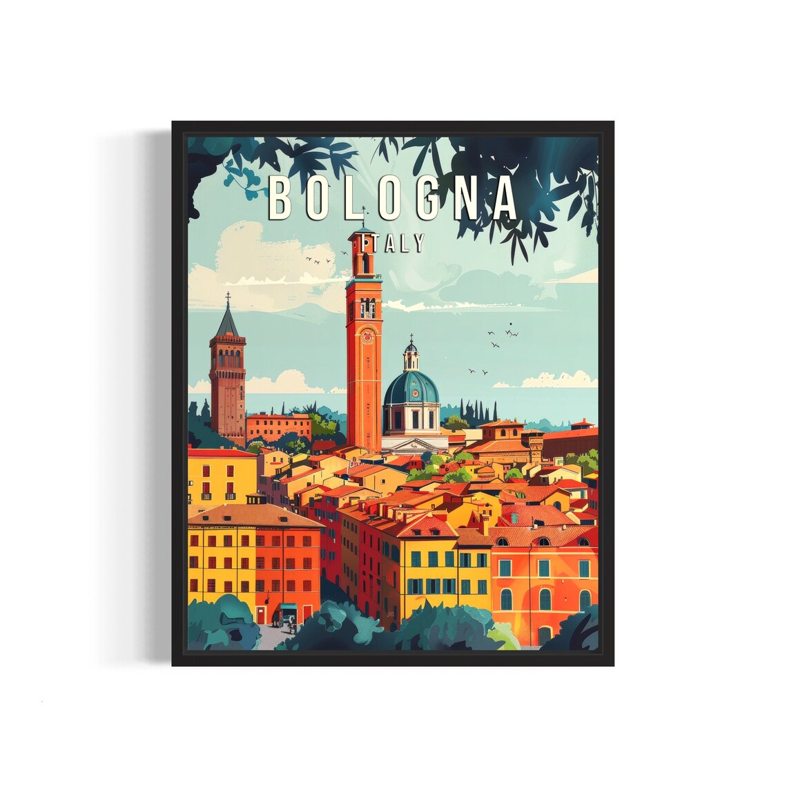 Bologna Italy Red Rooftops Medieval Towers Sunset Retro Travel Poster