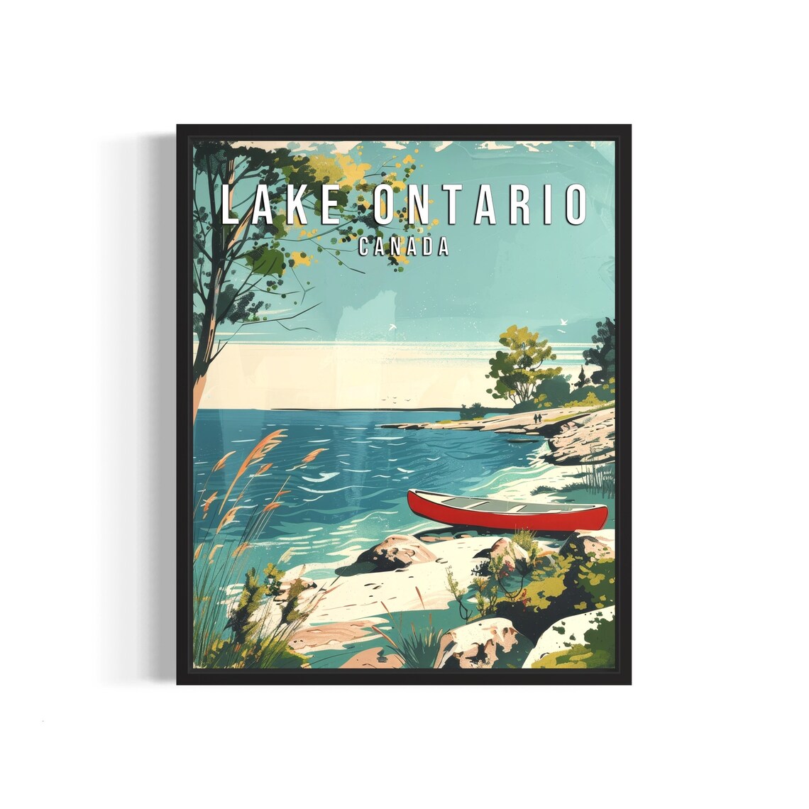 Lake Ontario Canada Vintage Travel Poster Lakeside Red Canoe Scene