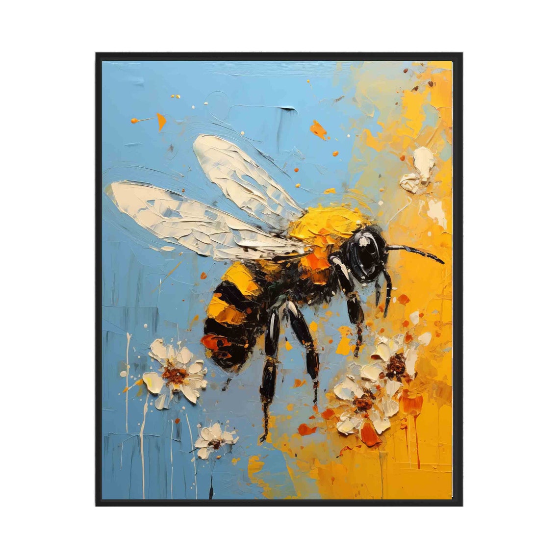 Bumblebee Hovering Over Flowers Blue Yellow Impasto Art Poster