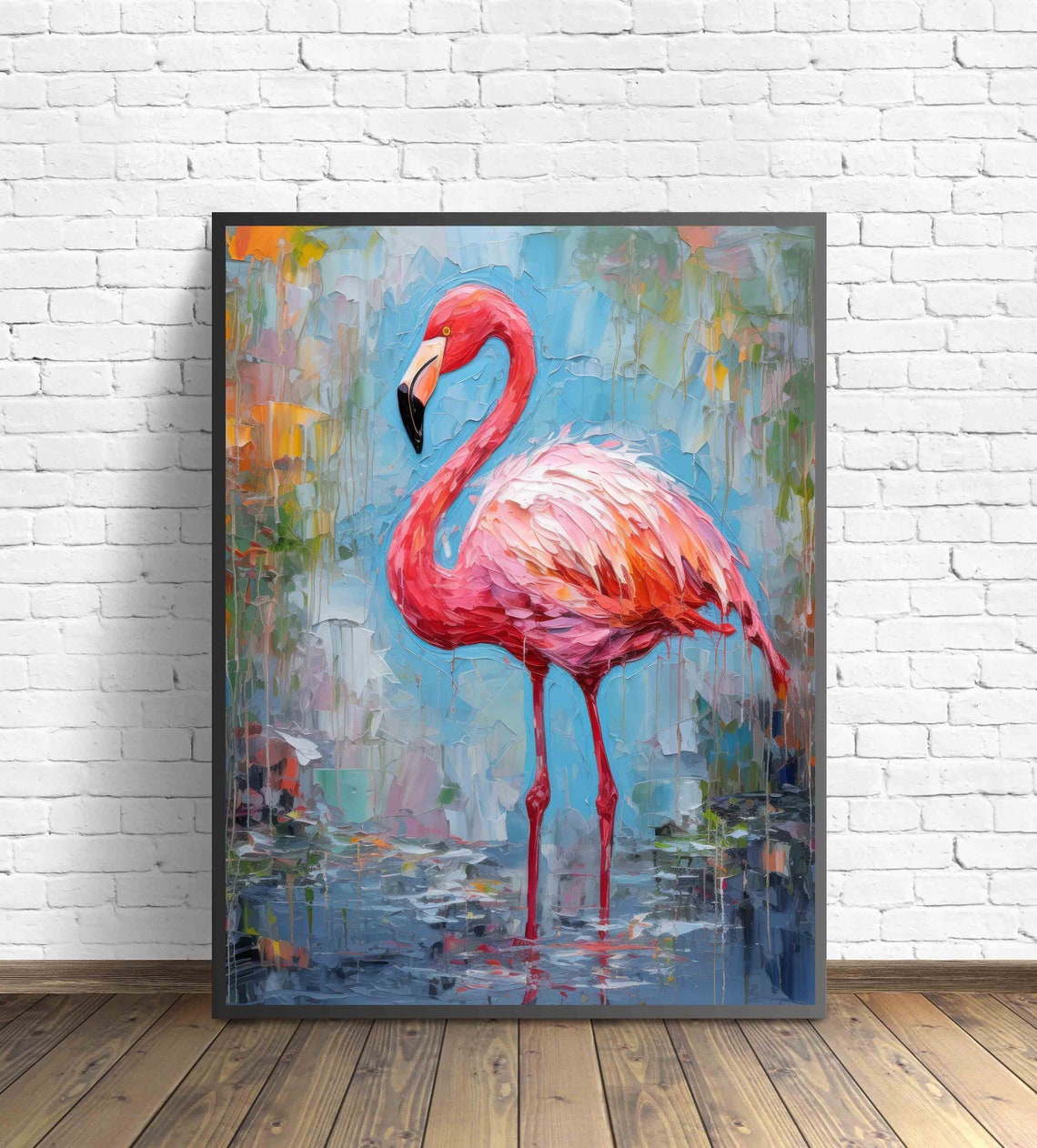 Pink Flamingo Standing in Water Vibrant Impasto Style Art Poster - Image 3