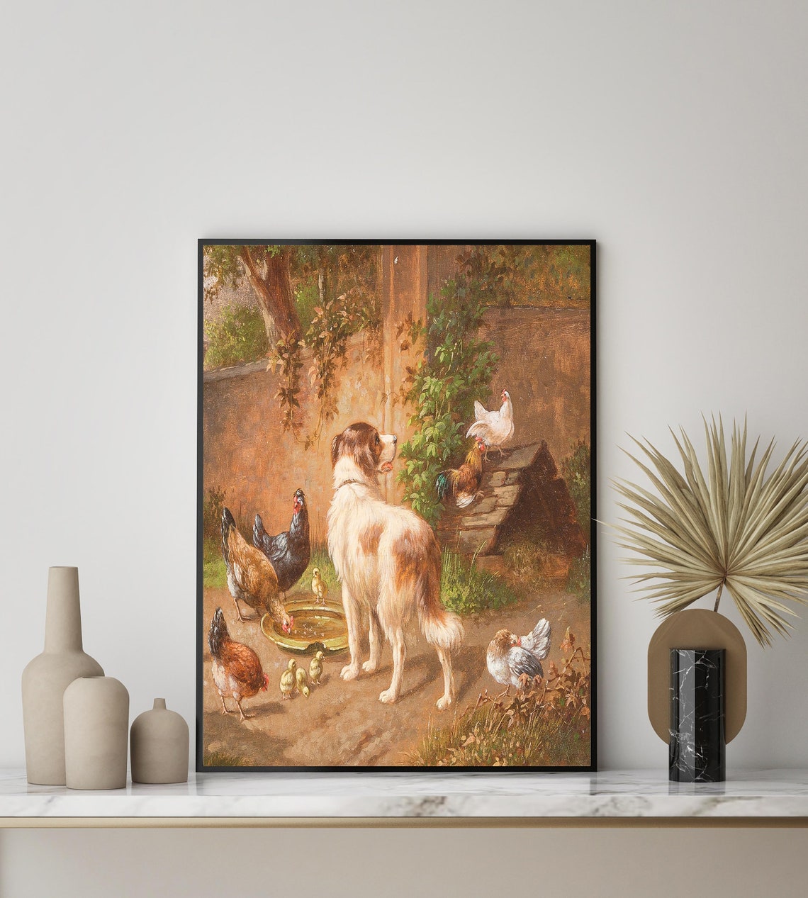 Gentle Dog Watching Over Chickens In A Rustic Farmyard Poster - Image 3