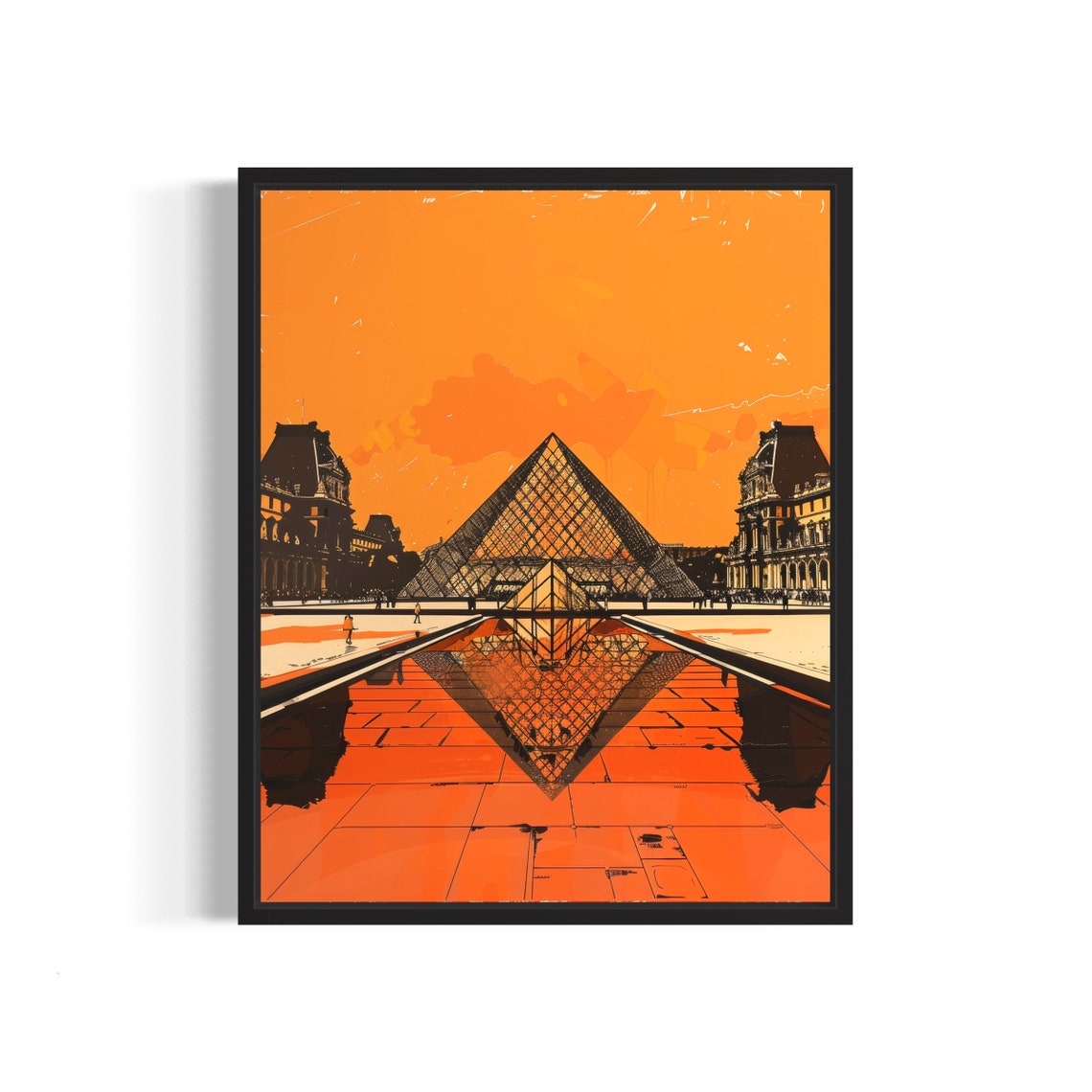 Paris Louvre Pyramid Sunset Poster with Perfect Mirror Reflection