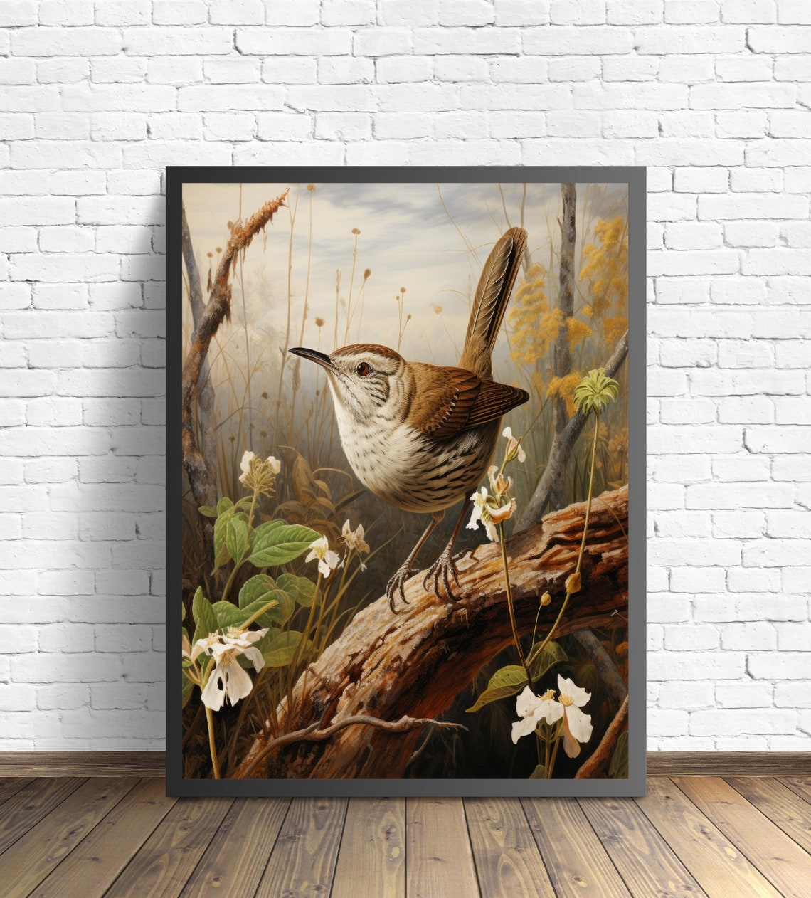 Bewicks Wren Perched on a Log Among White Wildflowers Bird Poster - Image 3