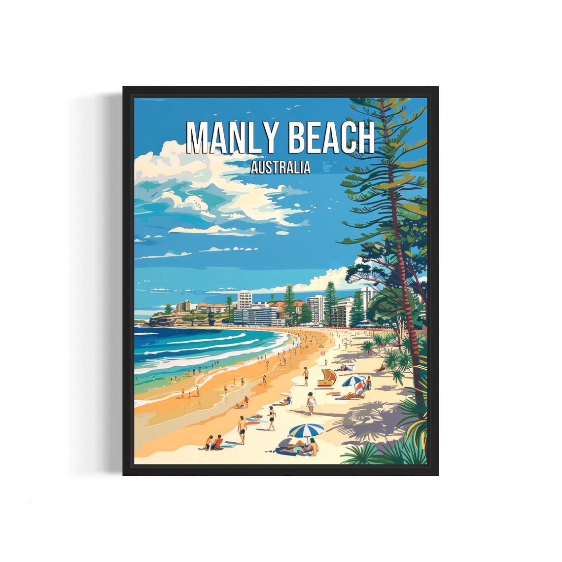 Manly Beach Australia Vintage Travel Poster Sunny Surf Beach Day