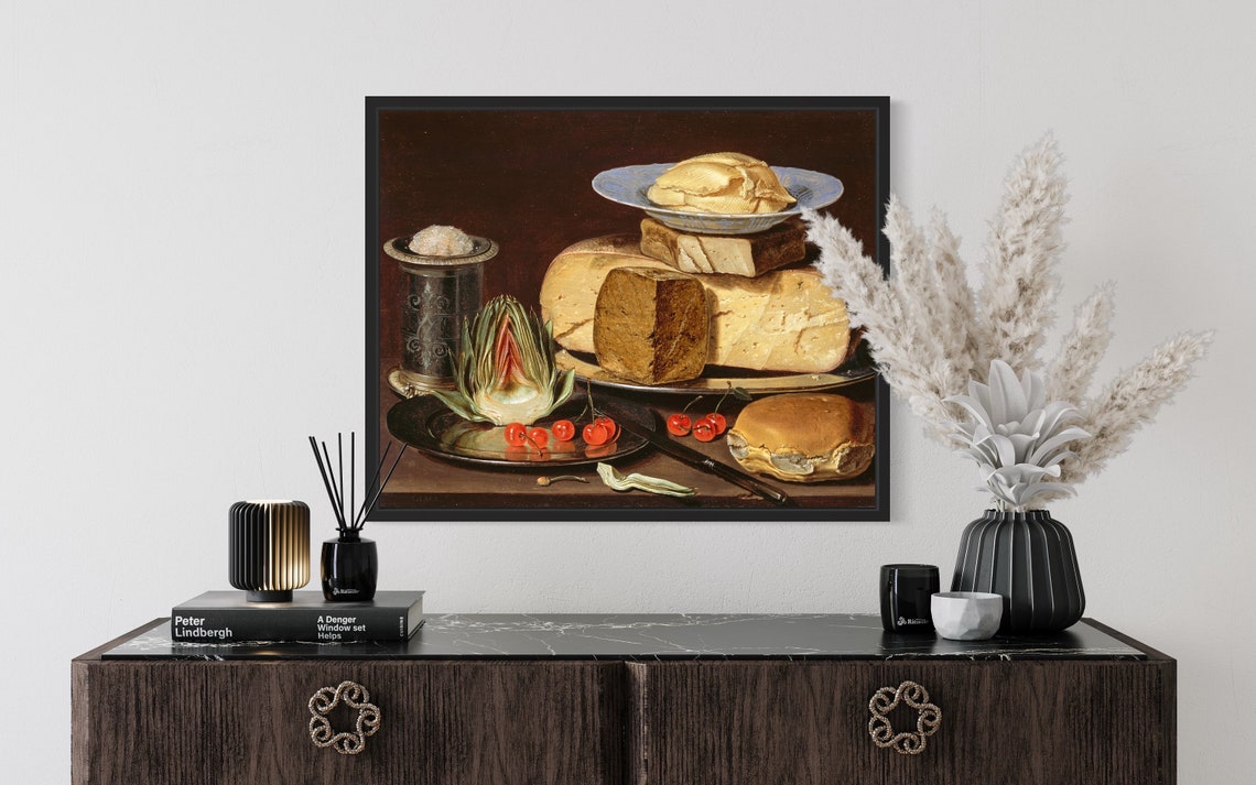 Dutch Still Life Cheese Artichoke Cherries Vintage Art Poster - Image 2
