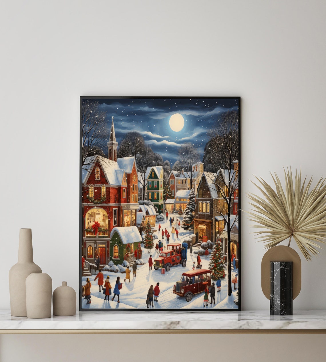 Moonlit Christmas Small Town Snowy Square Vintage Cars Poster - Image 3