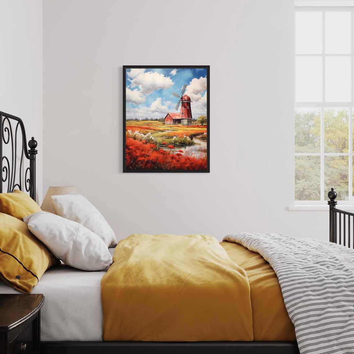 Red Windmill Poppy Field Meadow Vintage Countryside Painting Poster - Image 3