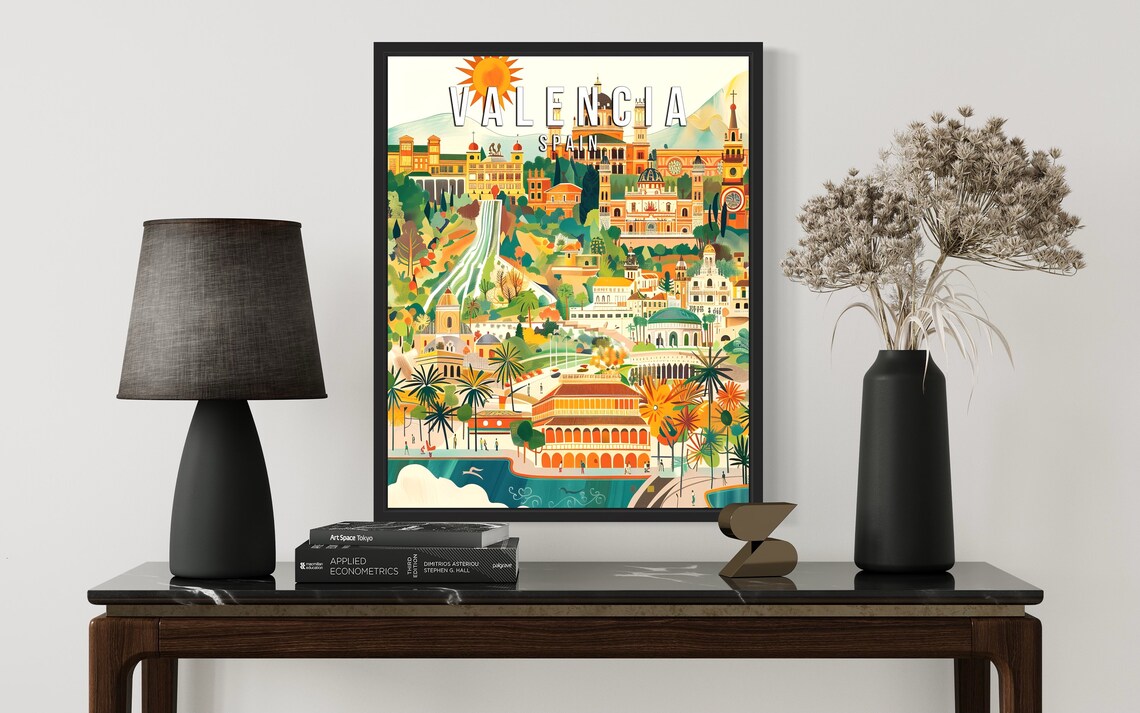 Valencia Spain Retro Cityscape Travel Poster With Sun and Landmarks - Image 2