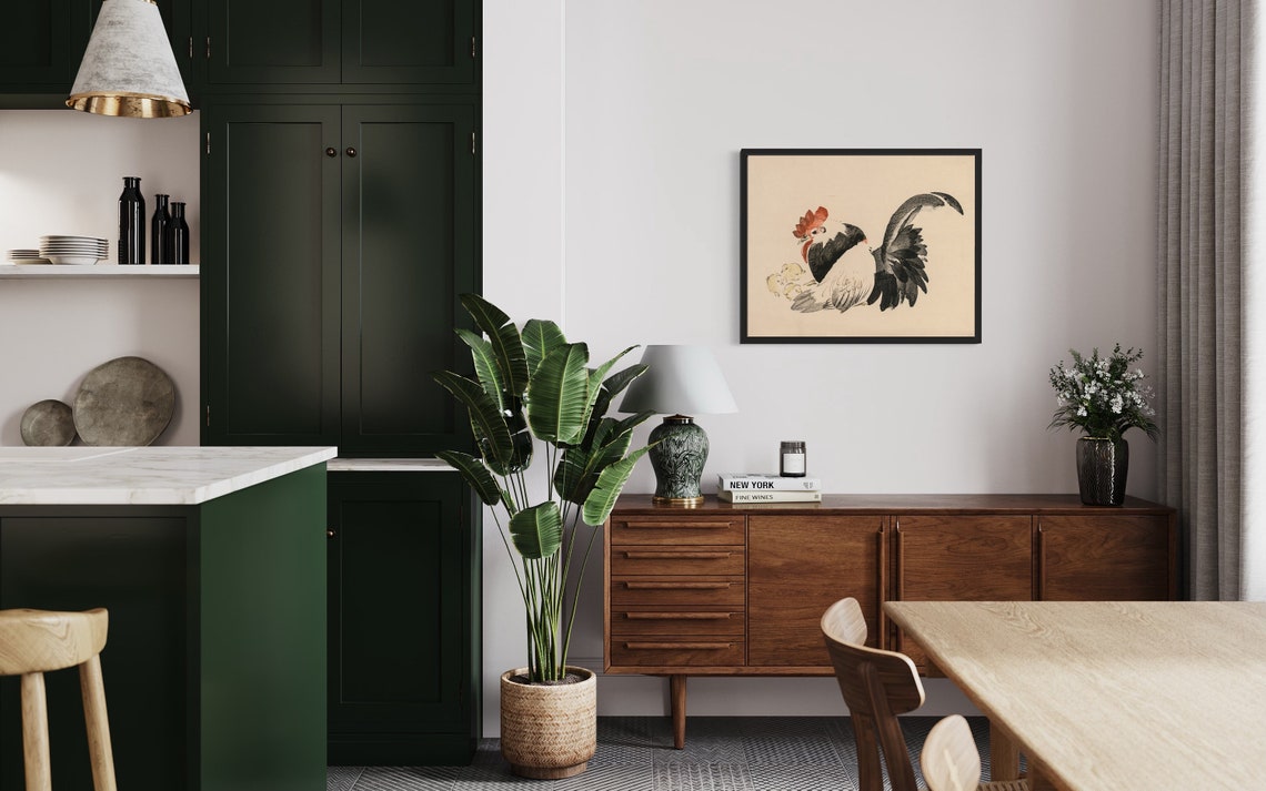 Japanese Ink Wash Rooster Sheltering Chicks Vintage Art Poster - Image 3