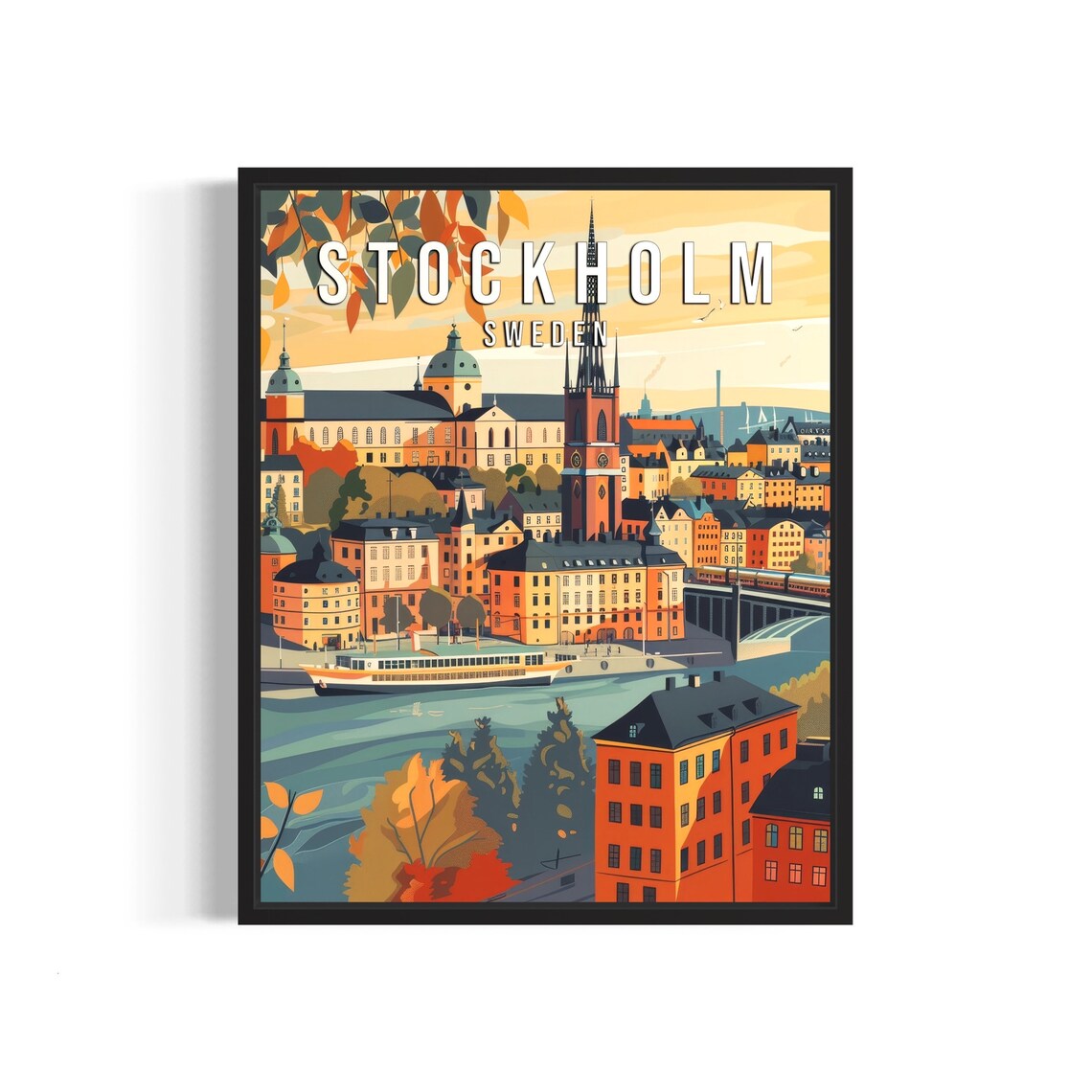 Stockholm Sweden Travel Poster with Harbor Gamla Stan and Church Tower