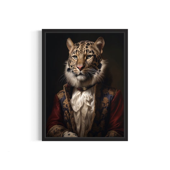 Leopard in Aristocratic Attire Regal Animal Portrait Art Print