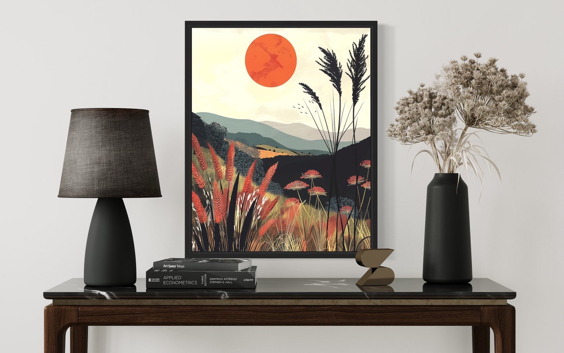 Red Sun Grassland Hills Modern Minimalist Landscape Style Poster - Image 2