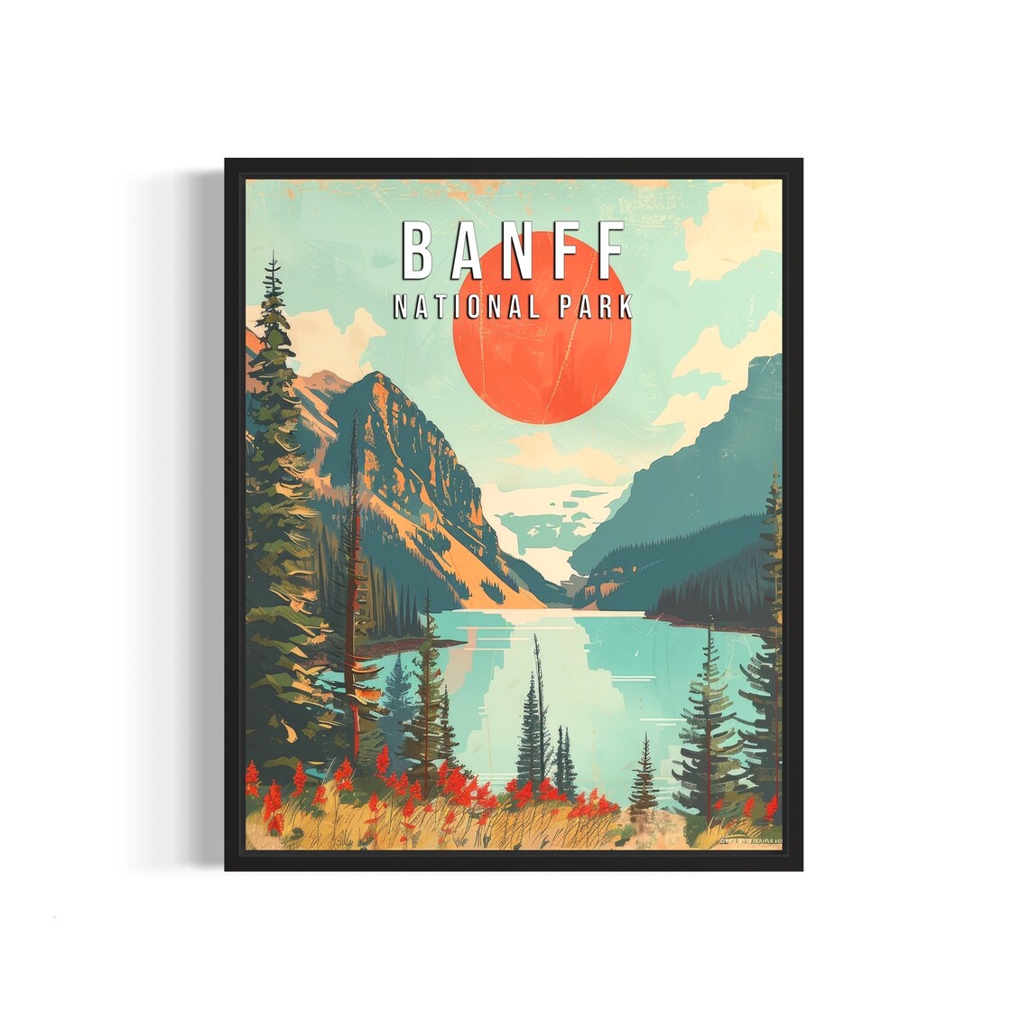 Banff National Park Turquoise Lake Red Sun Vintage Travel Poster