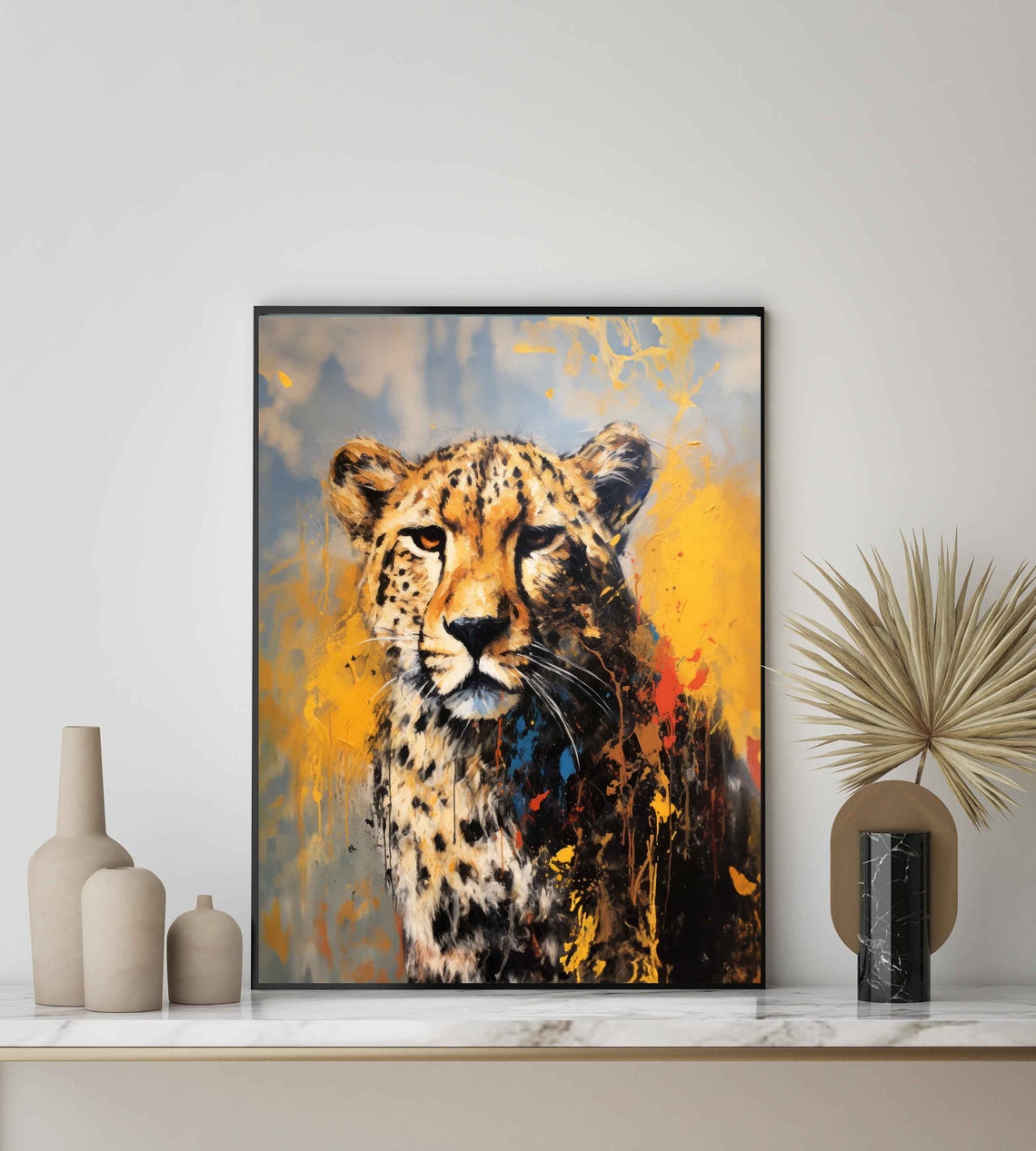 Cheetah Portrait in Golden Paint Splatter Abstract Art Poster - Image 2
