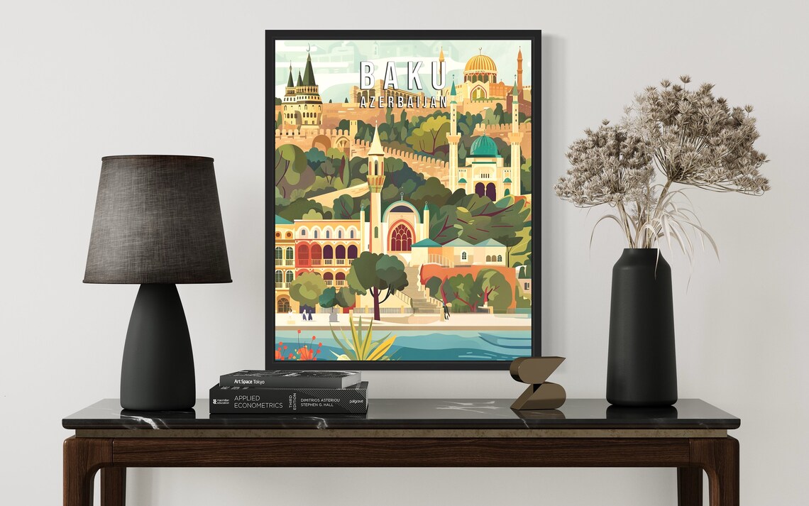 Baku Azerbaijan Old Town Mosques and Minarets Classic Travel Poster - Image 2