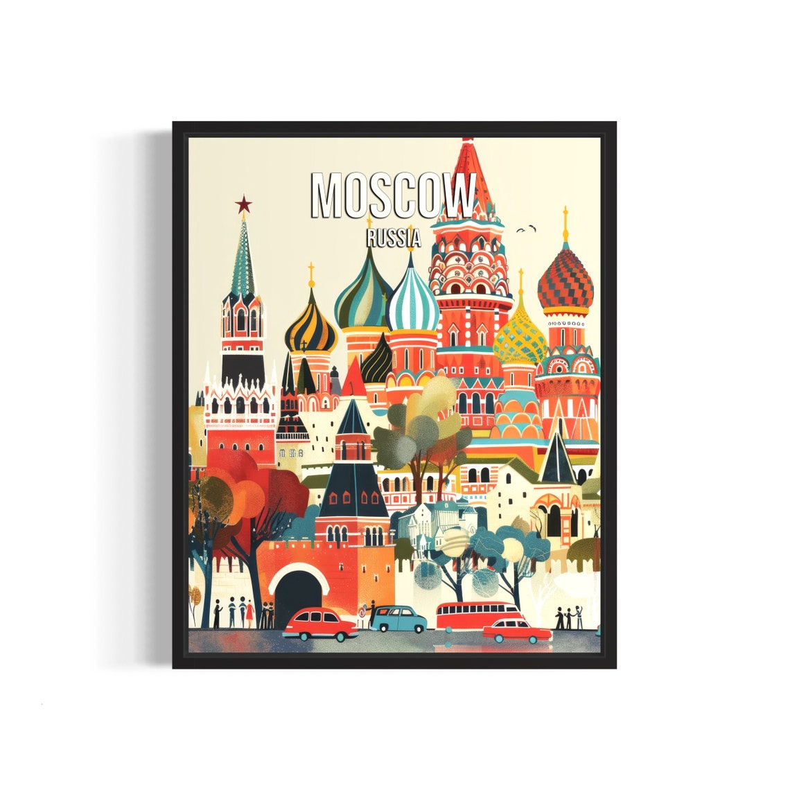 Moscow Russia Saint Basils Cathedral Colorful Retro City Poster