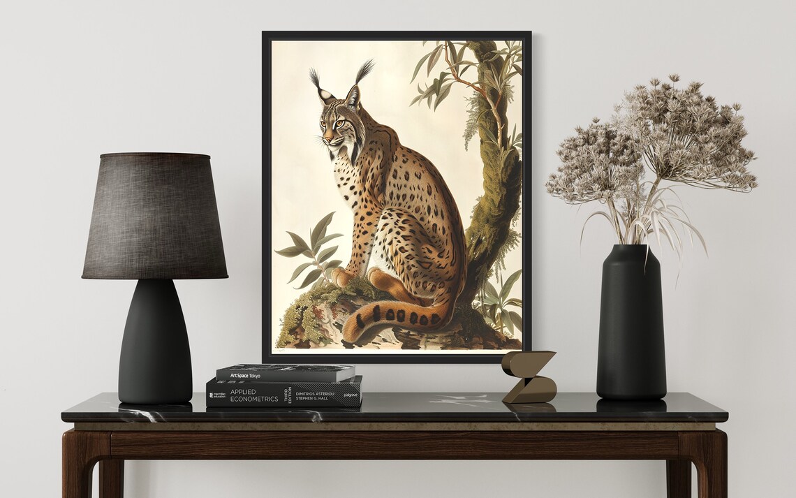 Vintage Iberian Lynx Seated Among Mossy Rocks Botanical Art Poster - Image 3