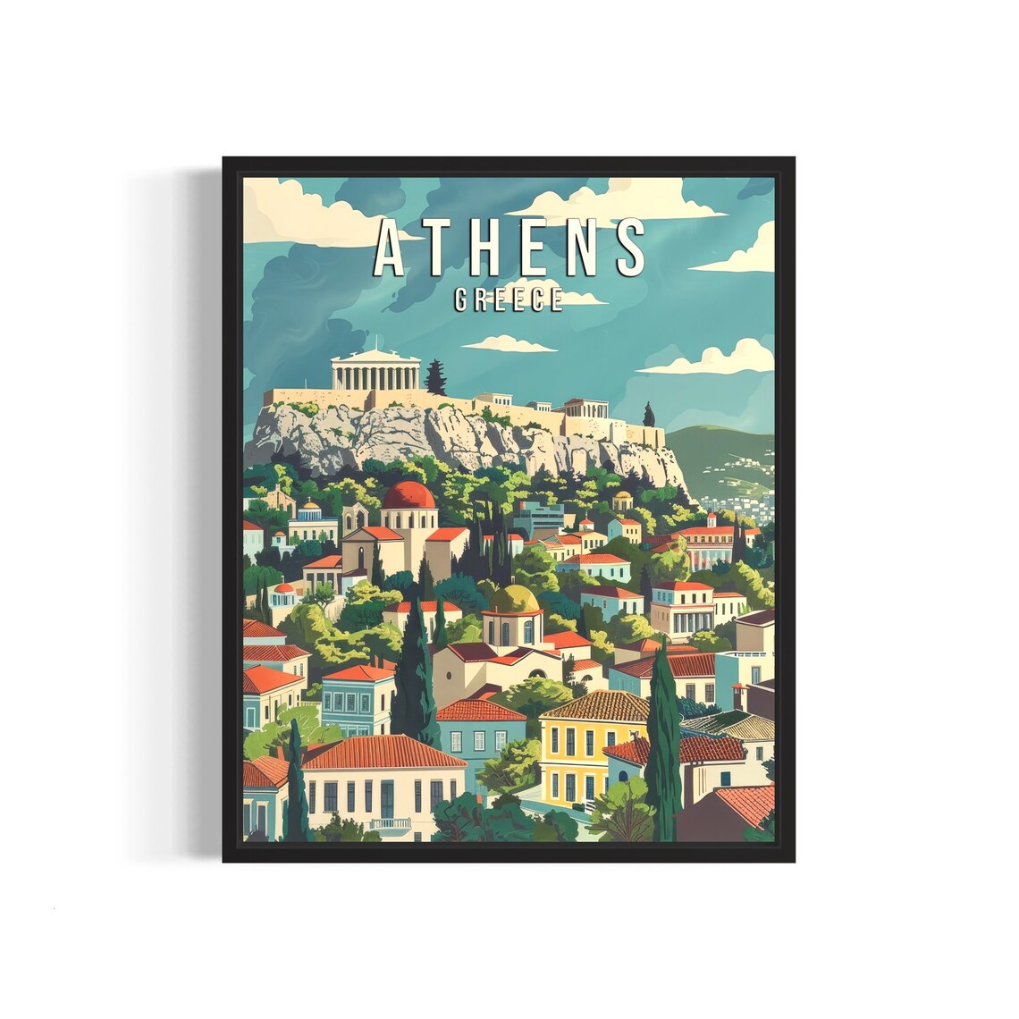Athens Greece Vintage Acropolis Above Red-Roofed Old Town Poster