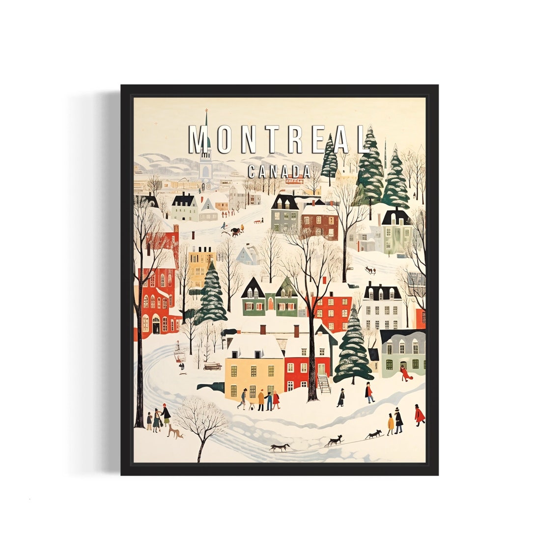 Montreal Canada Winter Village Folk Art Snow Scene Decor Poster