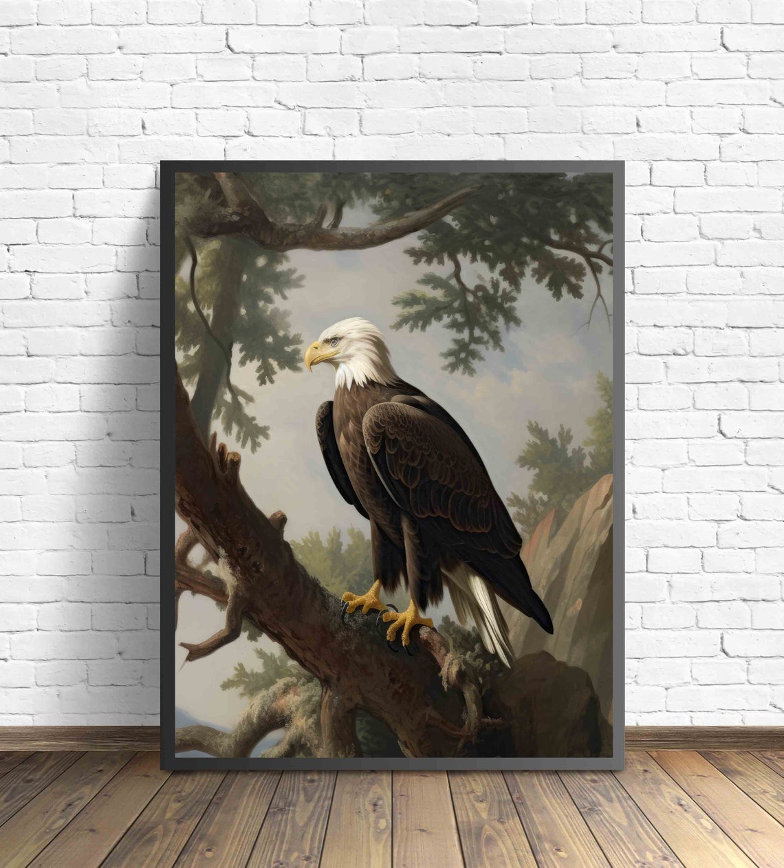 American Bald Eagle Perched Branch Vintage Style Raptor Wall Art