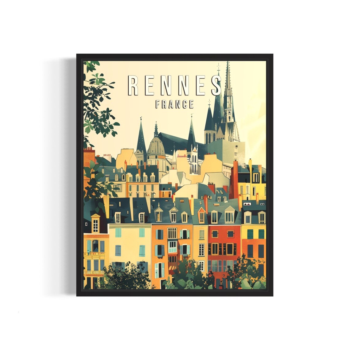 Rennes France Vintage Cathedral Spires Above Pastel Old Town Poster