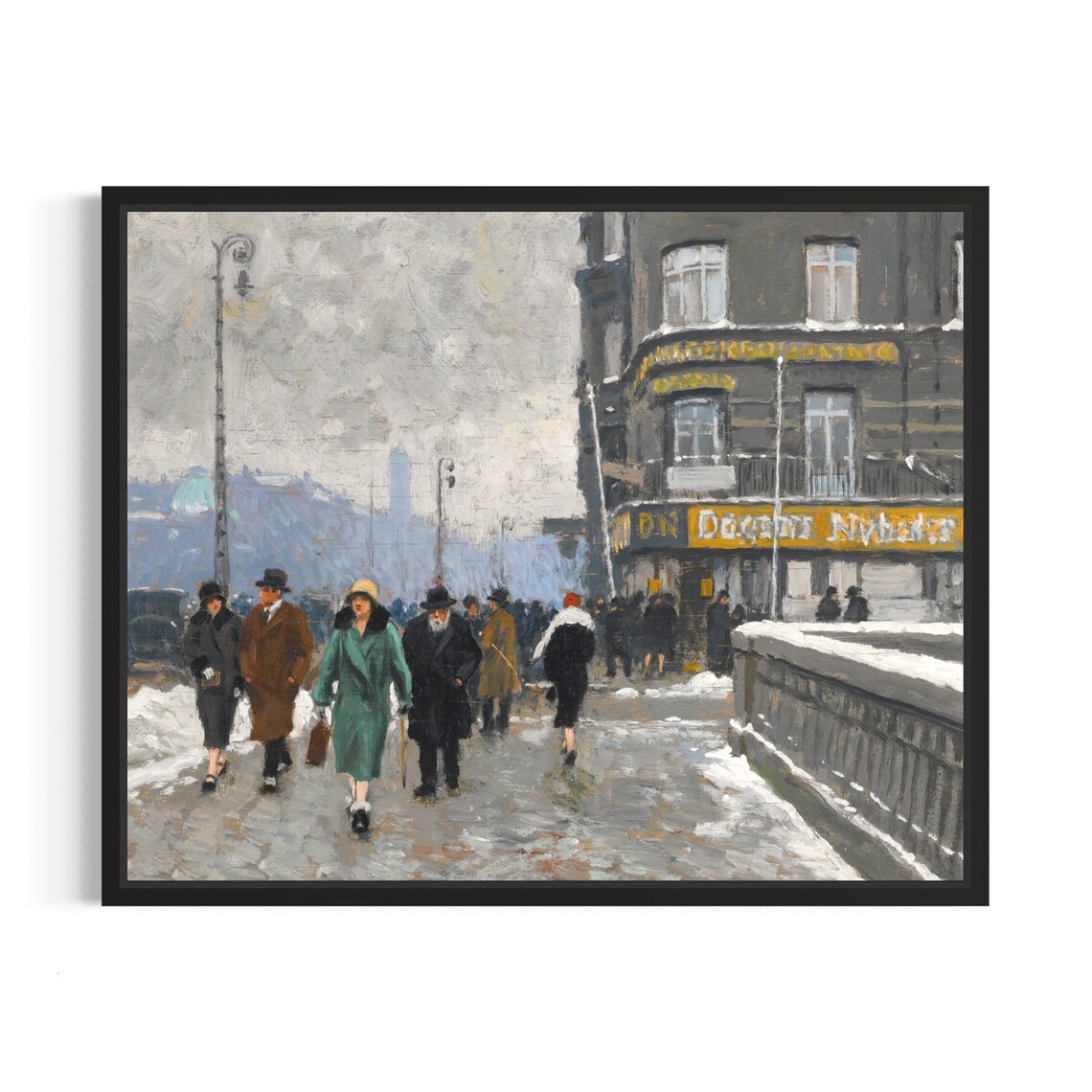 Vintage Winter City Street Scene Danish Newspaper Corner Poster