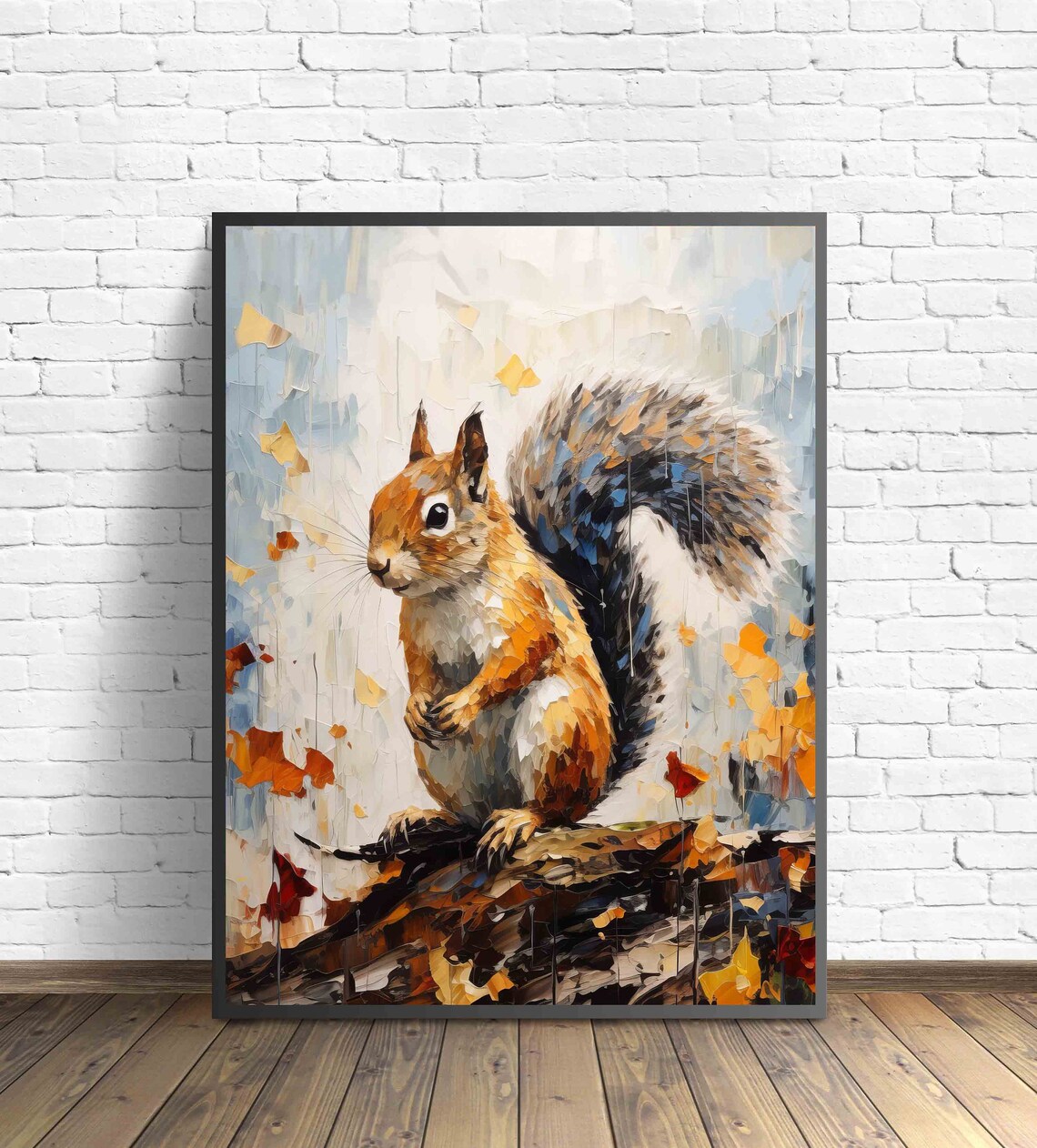 Red Squirrel Autumn Leaves Colorful Impasto Wildlife Wall Art - Image 2