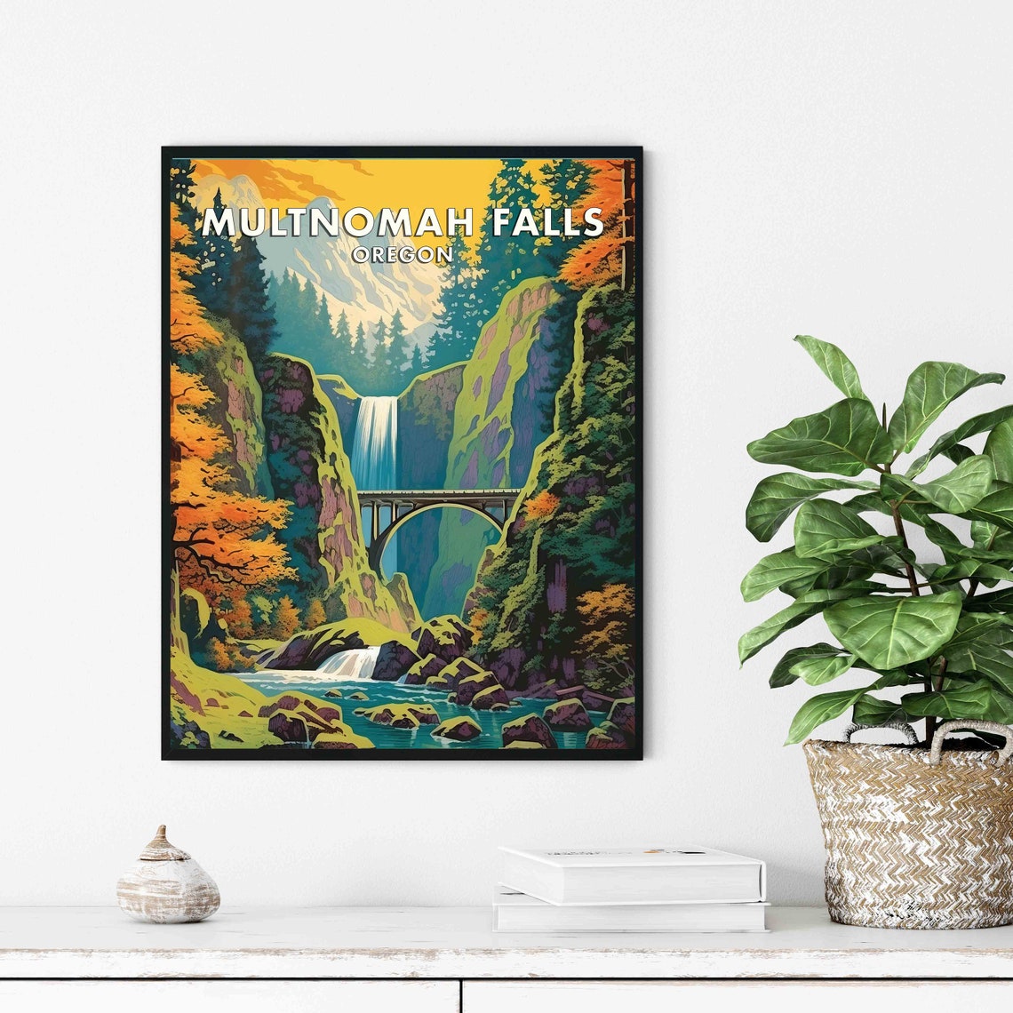 Majestic Multnomah Falls Oregon Waterfall Stone Bridge Poster - Image 3