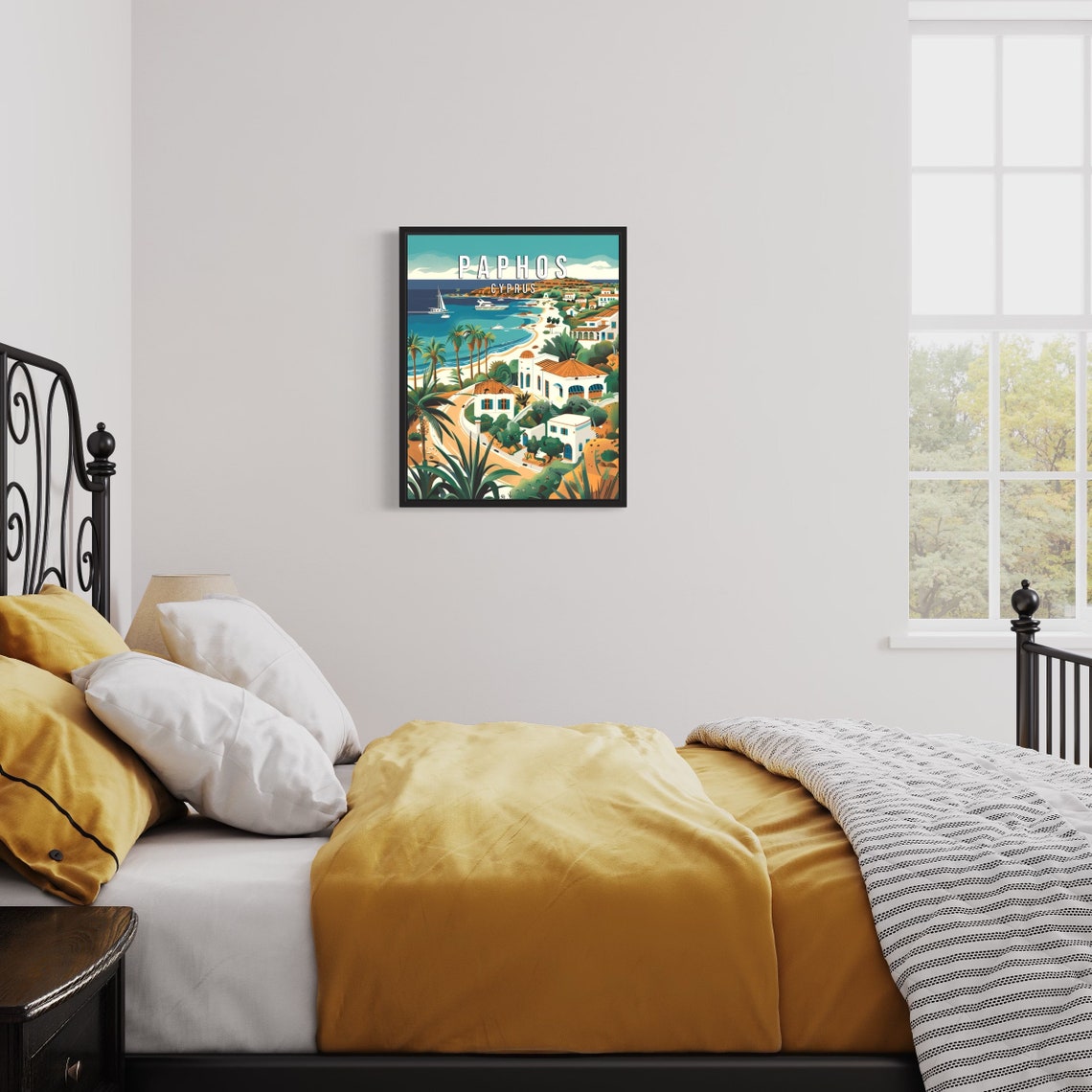 Paphos Cyprus Coastal Resort Bay With Palm Trees Vintage Travel Poster - Image 3