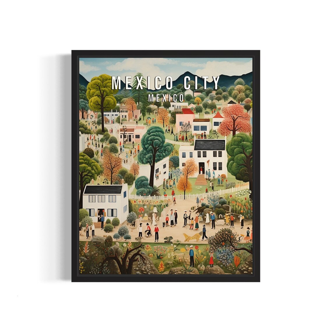 Mexico City Folk Village Celebration Naive Art Travel Poster