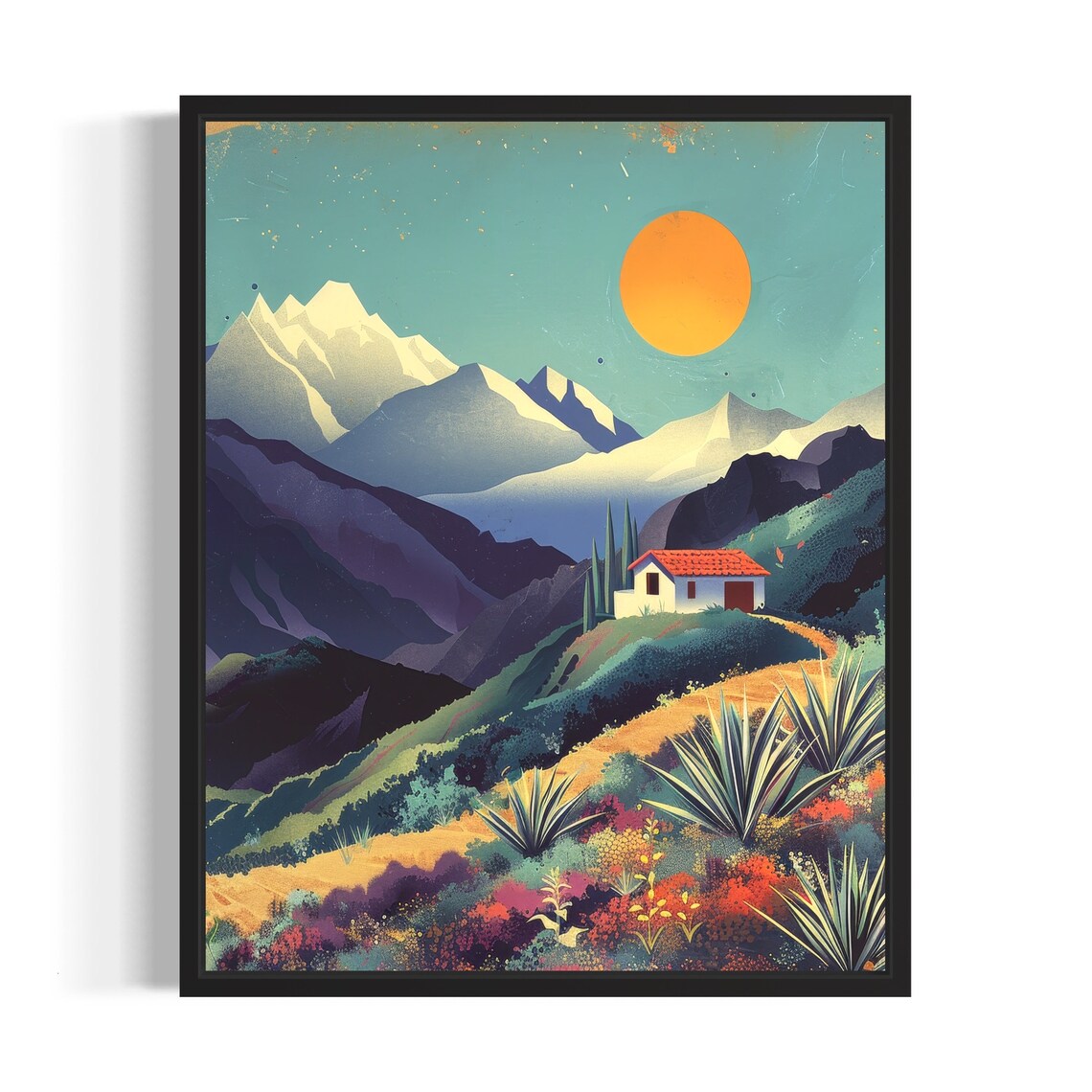 Andes Mountains Hillside White House Red Roof Vintage Retro Poster