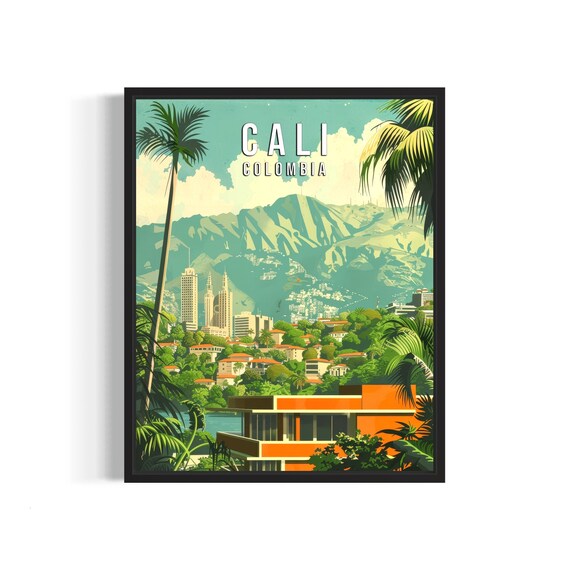 Cali Colombia Retro Cityscape Palm Trees Mountain Travel Poster