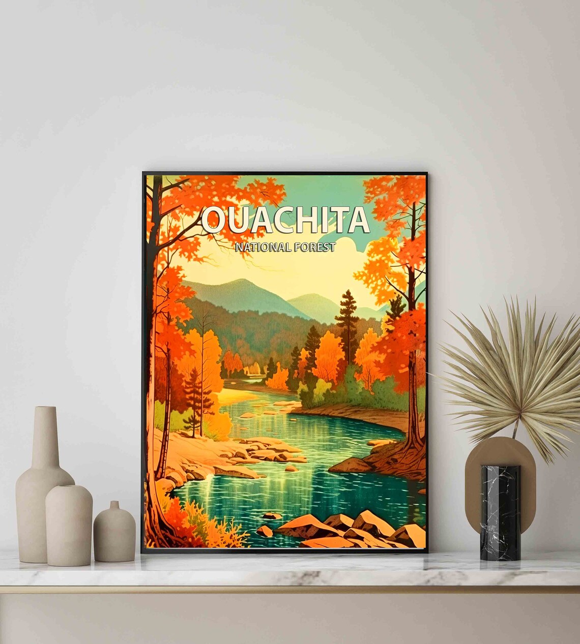 Ouachita National Forest Autumn River Valley Retro Art Poster - Image 3