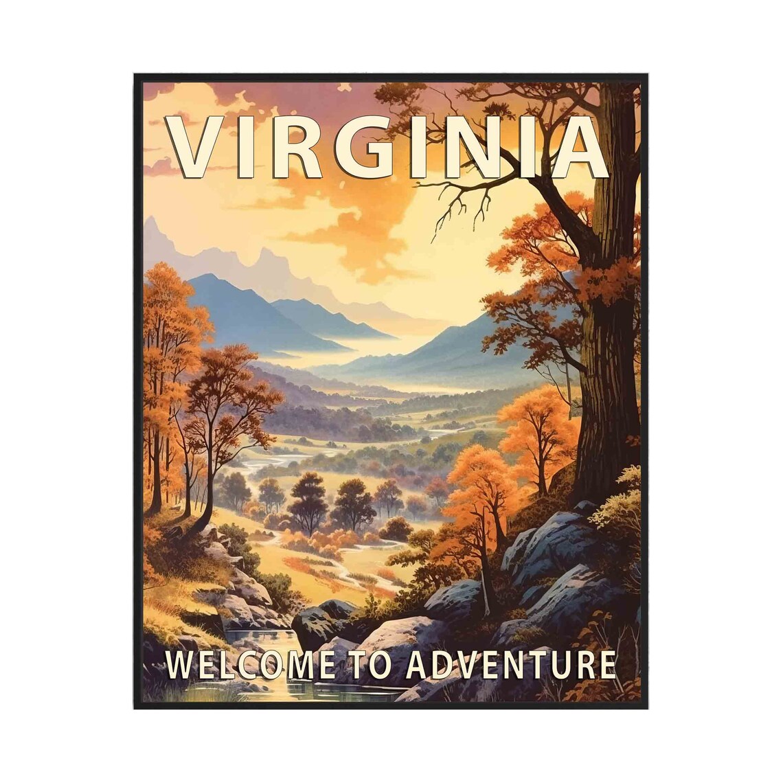 Virginia Golden Autumn Mountain Valley Adventure Travel Poster